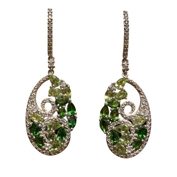 STS Sterling Silver, Chrome Diopside, Peridot and CZ Earrings Dangle Made India - Picture 3 of 6